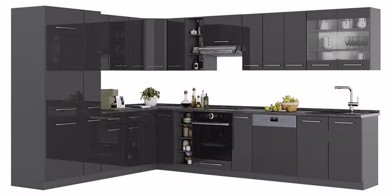 Cucina angolare completa Vicco Fame-Line Antracite lucido/Antracite 347 x 257 cm senza piano di lavoro, Model 57007