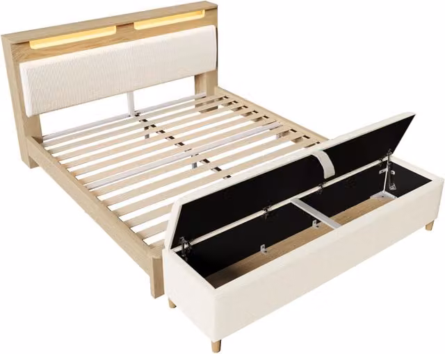 Letto matrimoniale 160×200 cm 2 posti, LED regolabile, mensole e panca contenitore, materasso incluso, beige e rovere