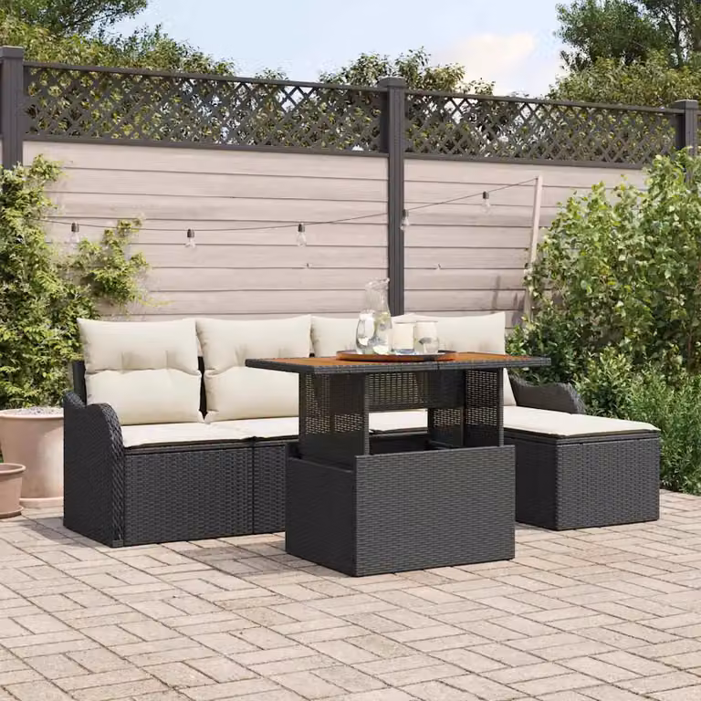 Set Divano da Giardino a L vidaXL in Polyrattan Nero e Beige con Cuscini e Tavolino da 6 Pezzi
