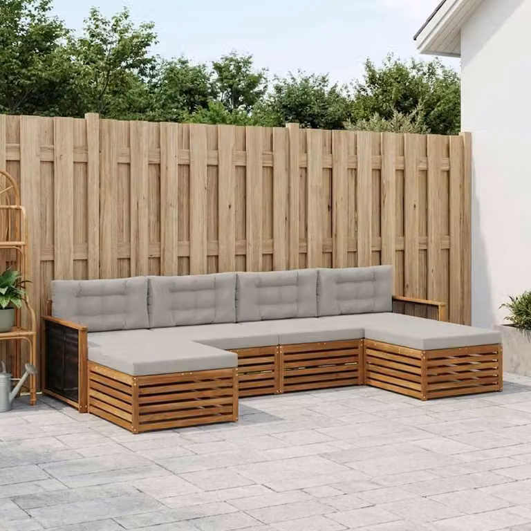 Set di divani da esterno vidaXL a forma di L in legno di acacia con cuscini, 6 pezzi, Beige e Grigio