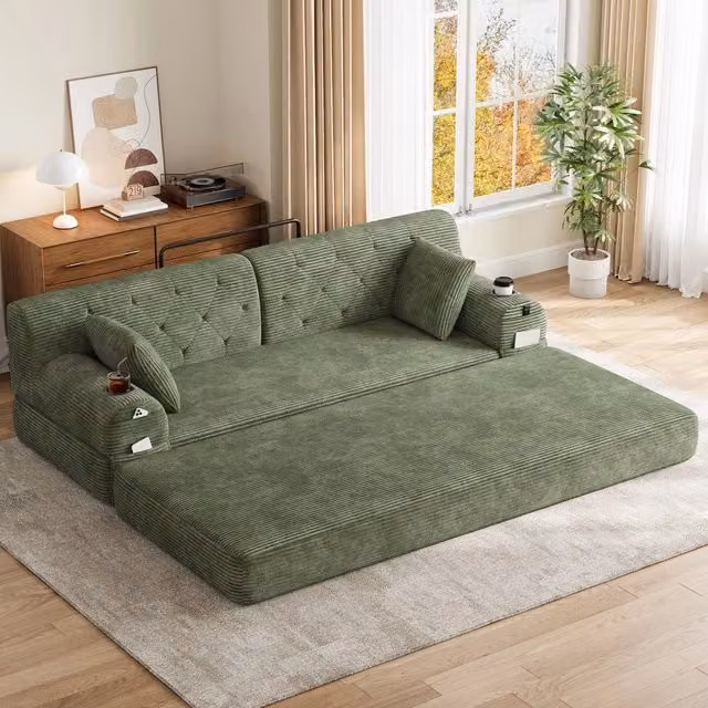 Divano letto 3 posti ¨C Minimal ¨C Corda verde struttura in metallo con portabicchieri e tasche laterali