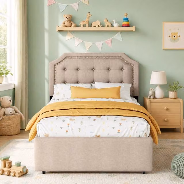 Letto imbottito 90x200 cm colore beige scuro con due cassetti e decorazioni con borchie