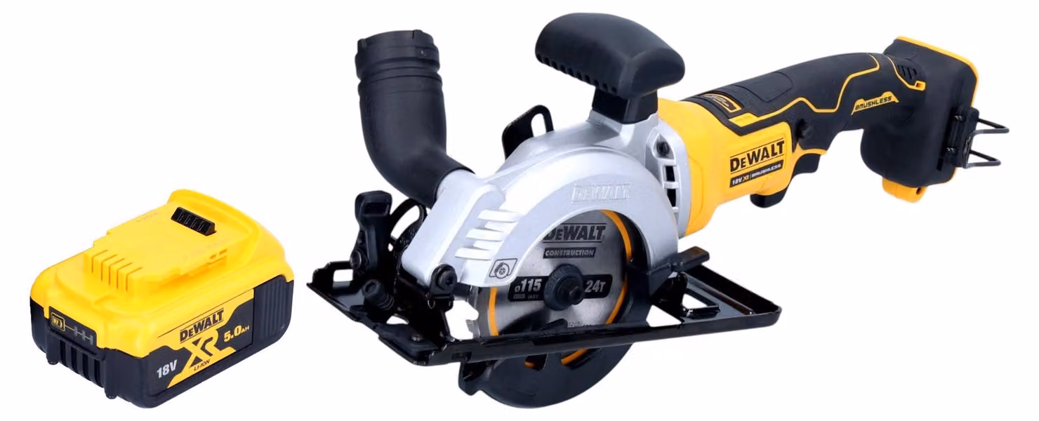 Sega circolare a batteria DeWalt DCS 571 N 18 V 115 mm brushless + 1x batteria 5,0 Ah - senza caricabatterie