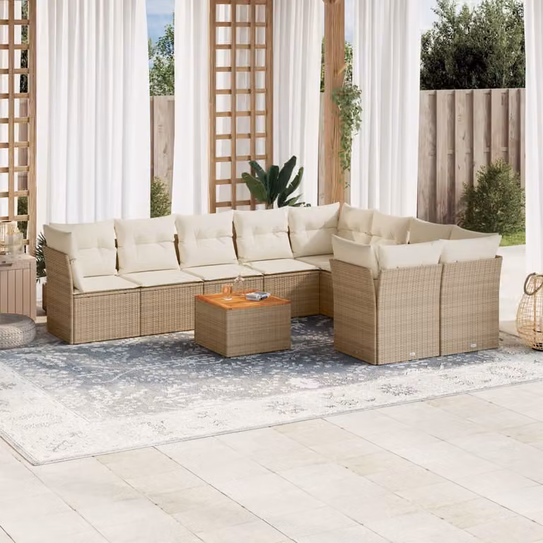 vidaXL Set Divano da Giardino 10 pz a Forma di L con Cuscini Beige e Tavolino da Esterno in Polyrattan e Acciaio