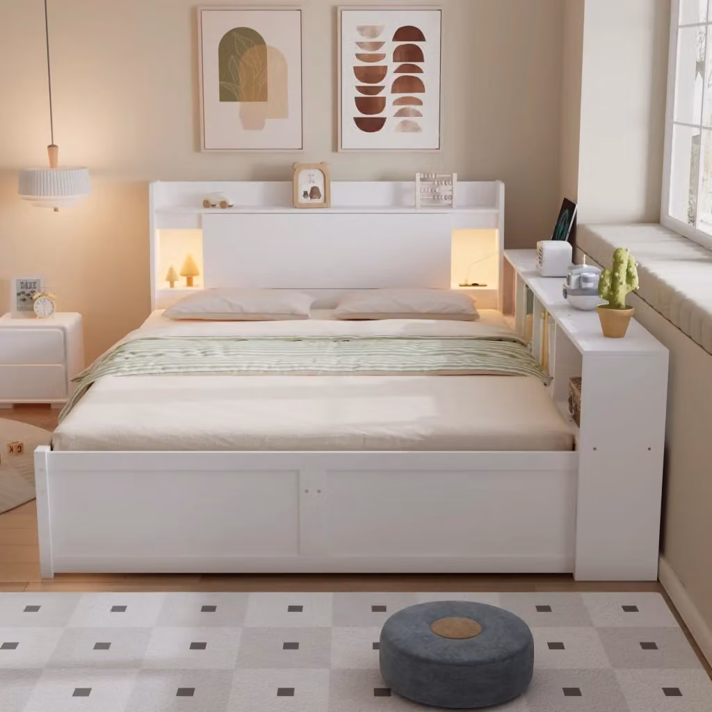 Letto matrimoniale Chicfurn bianco con testiera, 2 cassetti, luci integrate e porta di ricarica USB, L/P/H: 140 x 200 x 66 cm – 2