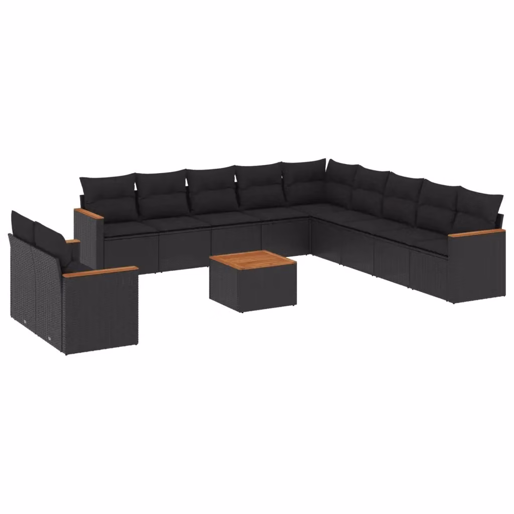 vidaXL Set Divani da Giardino a Forma di U in Polyrattan Nero con Cuscini e Tavolino da Esterno – 2