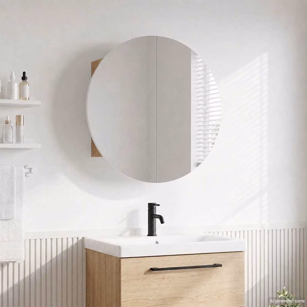 Armadio da bagno vidaXL con specchio rotondo e illuminazione LED, Rovere, L: 54 cm, H: 54 cm, P: 17,5 cm