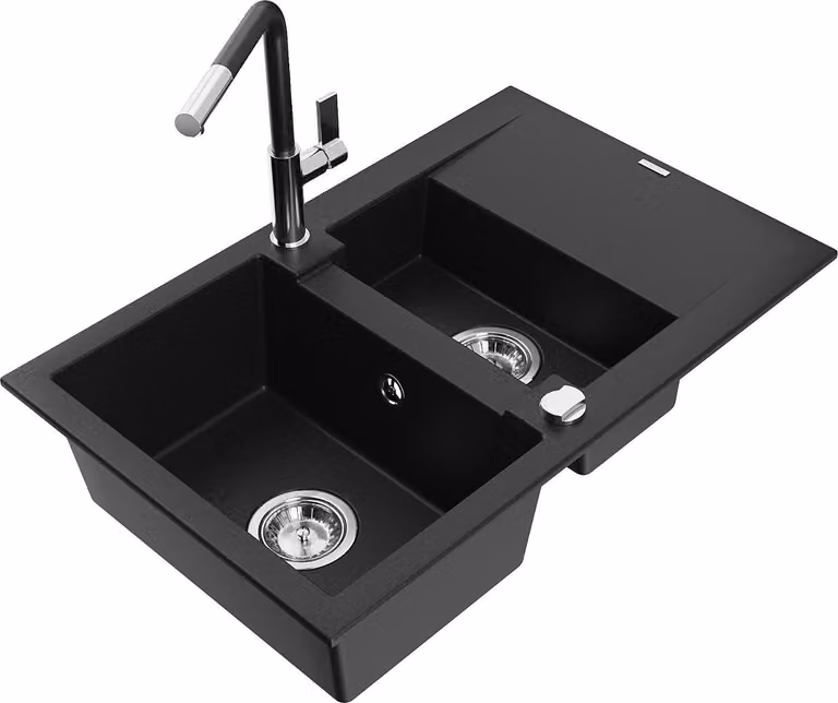 Mexen Gaspar lavello in granito da 1,5 vasche con scolapiatti e rubinetto da cucina Flora, nero - 6507-77-670401-07