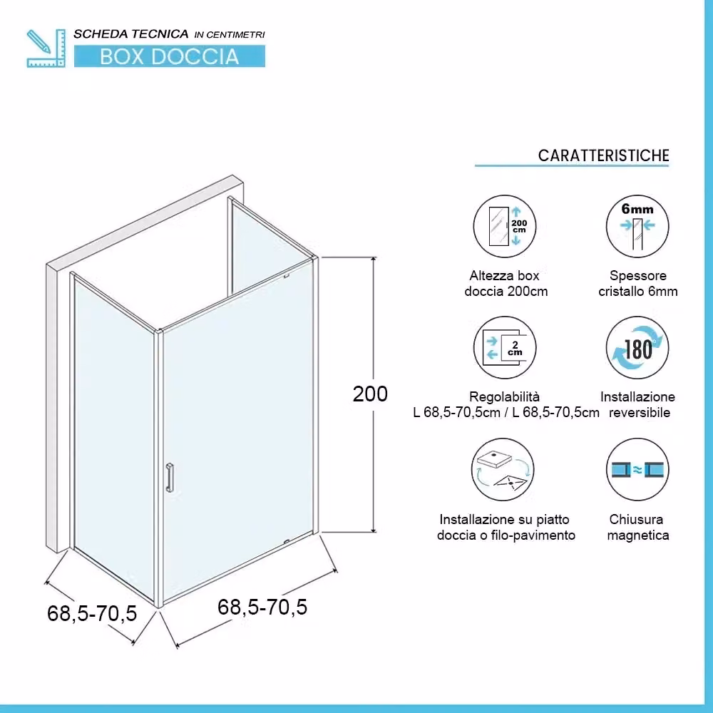 Box doccia angolare Ted con porta a battente trasparente L/P/H: 70 x 70 x 200 cm – 2