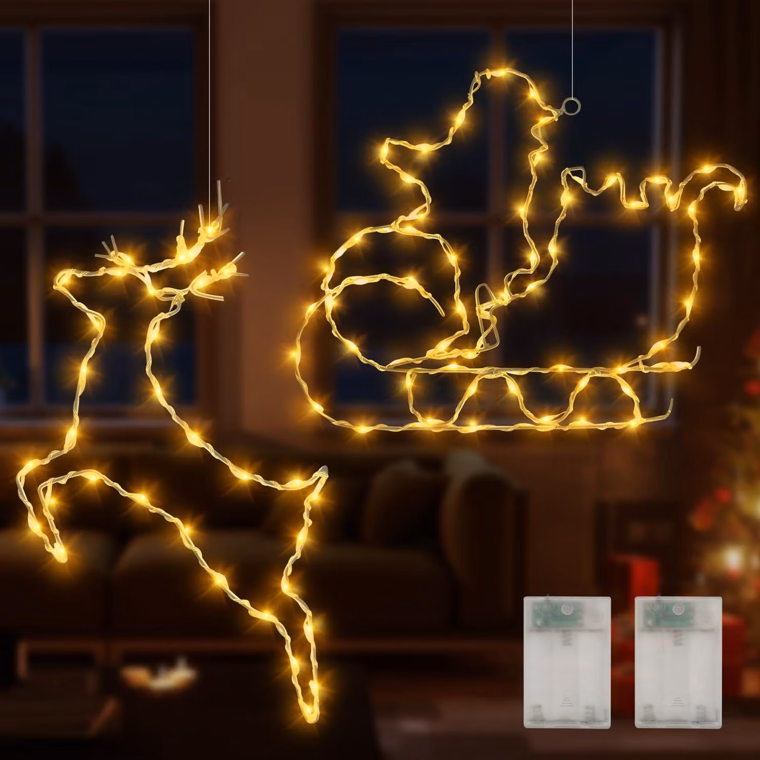 Decorazioni natalizie a LED per finestre, 2 pezzi, renna con slitta, luce bianco caldo