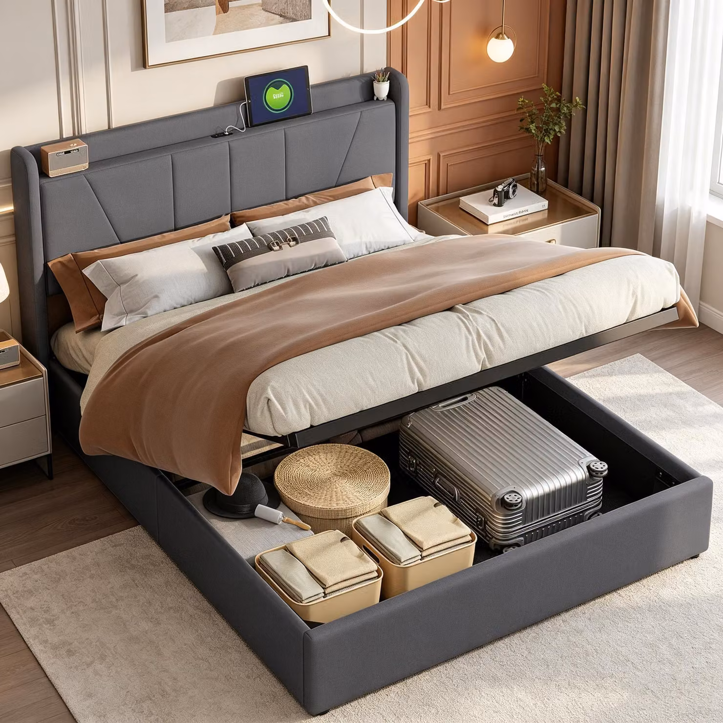 Letto imbottito INONEFT 160x200 cm con porta USB di tipo C, letto a molle con contenitore, letto a contenitore per ragazzi con rete a doghe, tessuto in lino, colore grigio
