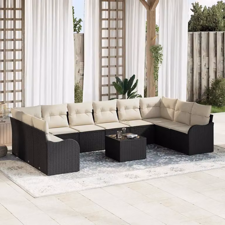 vidaXL Set Divano da Giardino Nero con Cuscini e Tavolino, Struttura in Metallo e Polyrattan, L/P/H: 55 x 55 x 37 cm