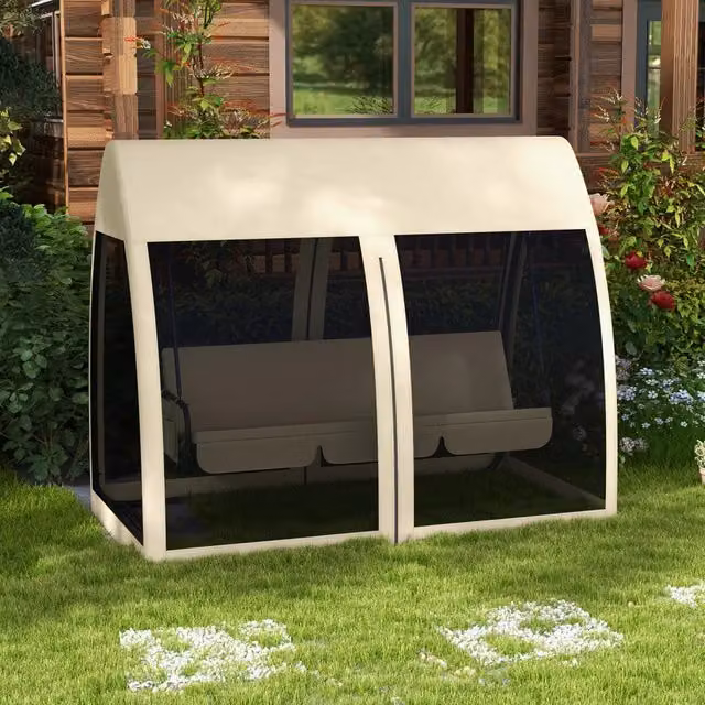 Altalena da giardino REDOM per 3 persone con baldacchino parasole e zanzariera, convertibile in letto, colore beige e marrone, L: 240 cm, P: 140 cm, H: 197 cm – 1