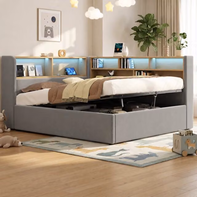 Letto imbottito contenitore con LED USB ¨C Minimal ¨C grigio velluto 140x190 cm
