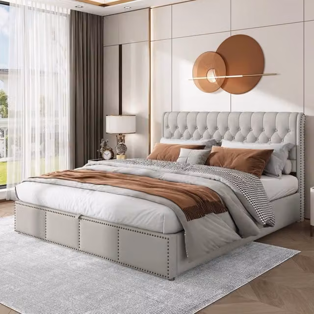 Letto matrimoniale imbottito 160 × 200 cm con vano contenitore rete a doghe rivestimento cotone lino grigio