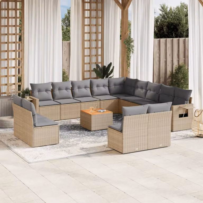 vidaXL Set Divano da Giardino 14 pz a forma di U in Polyrattan con Cuscini Beige e Grigio