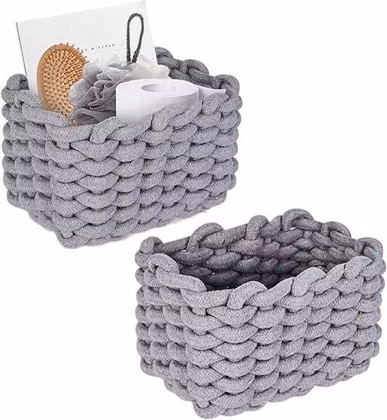 Allecto Premium - Set di 2 cestini in corda di cotone intrecciata - Grigio - Organizzatore per fasciatoio - Prodotti per il trucco e la cura della pelle