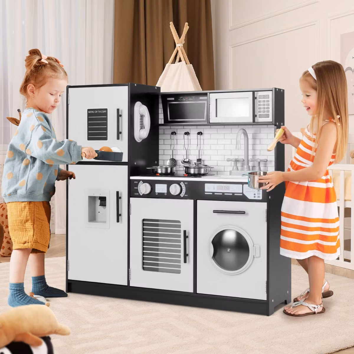 Set di cucina giocattolo Costway con forno, lavatrice, microonde e dispenser d'acqua, colore nero
