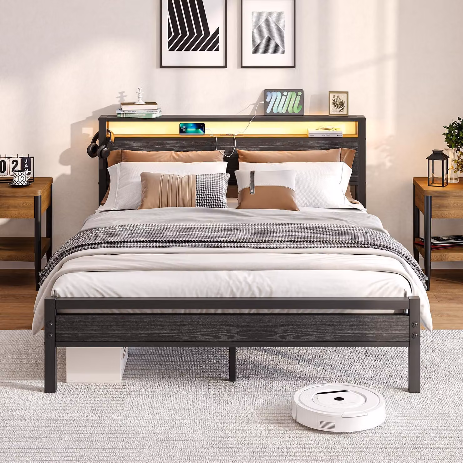 Letto matrimoniale in metallo 160x200 con illuminazione a LED, stazione di ricarica USB e rete a doghe, colore nero