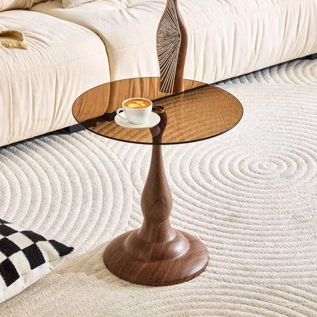 Tavolino da salotto rotondo in vetro temperato moderno compatto con base stabile per soggiorno e camera da letto