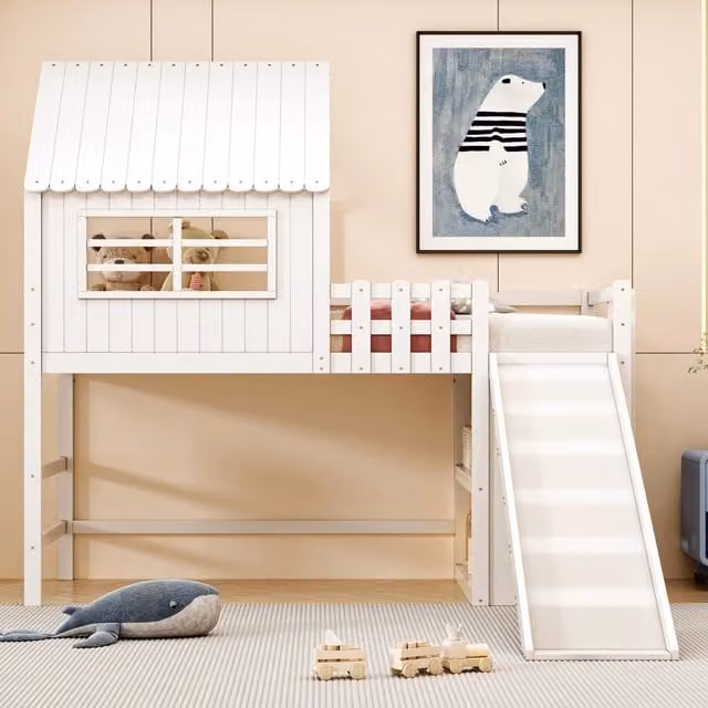 Letto a soppalco 90 × 200 cm con scivolo scala e ripiani integrati in legno e MDF bianco con rete a doghe