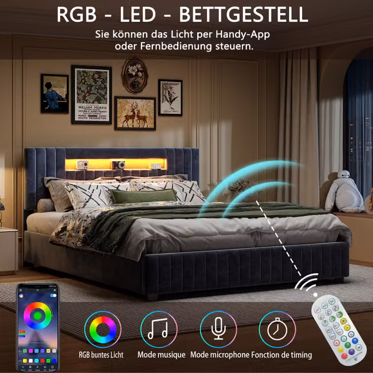 UnboxG Letto imbottito 160x200cm con rete a doghe, letto a molle idrauliche con led, letto contenitore letto matrimoniale, velluto, grigio