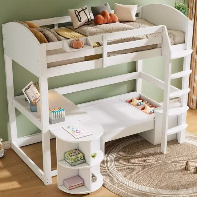 Letto a soppalco per bambini 90 × 200 cm con scrivania estraibile, divano contenitore e mensole, senza materasso