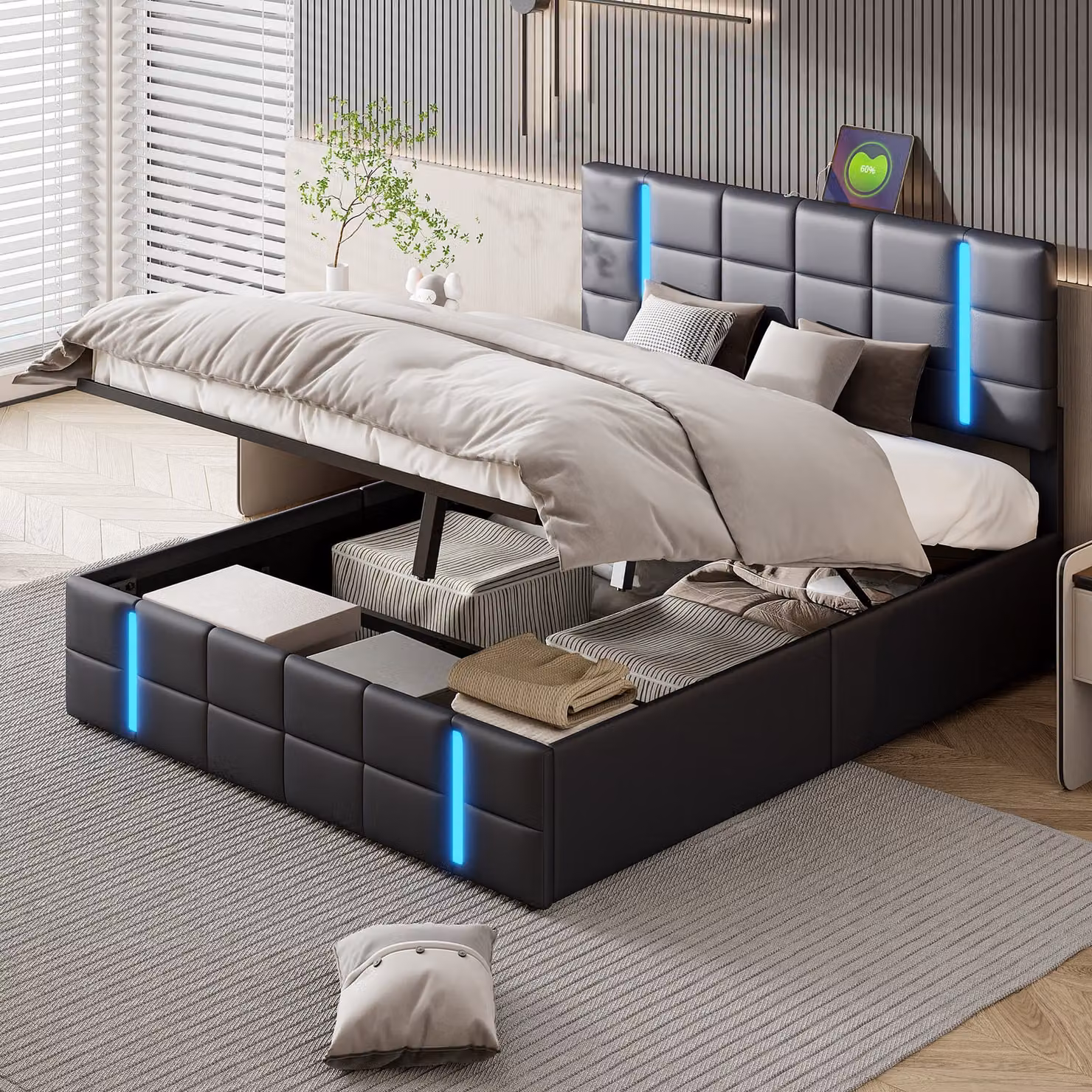 Letto imbottito matrimoniale 160x200 cm con LED, rete a doghe, telaio in PU, nero, design moderno, ideale per camere da letto, funzionale e confortevole
