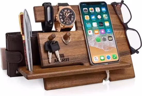 Organizzatore in legno color noce con stazione di ricarica per telefono, supporto per chiavi e stand per portafoglio e orologi