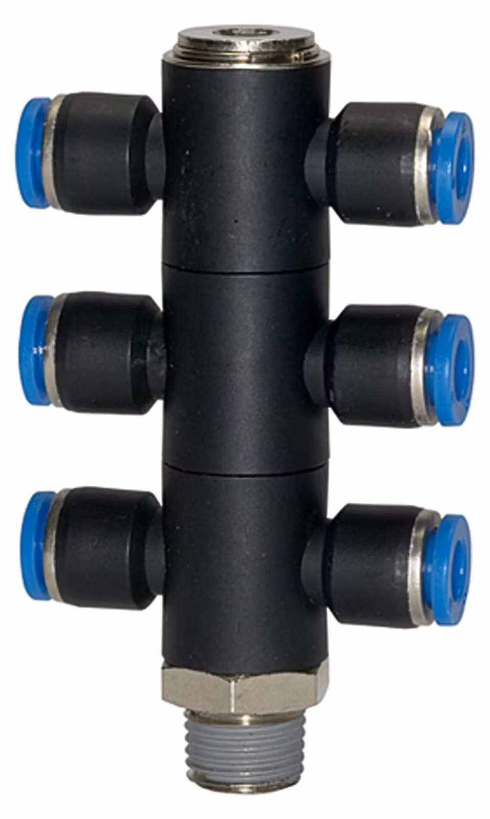 Collettore a T Riegler "Serie Blu", girevole a 6 vie, R 1/2 a. 12 mm