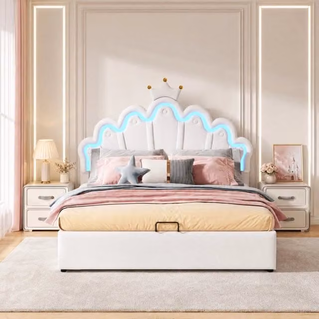 Letto imbottito contenitore 140x200 cm con LED; ecopelle PU; bianco
