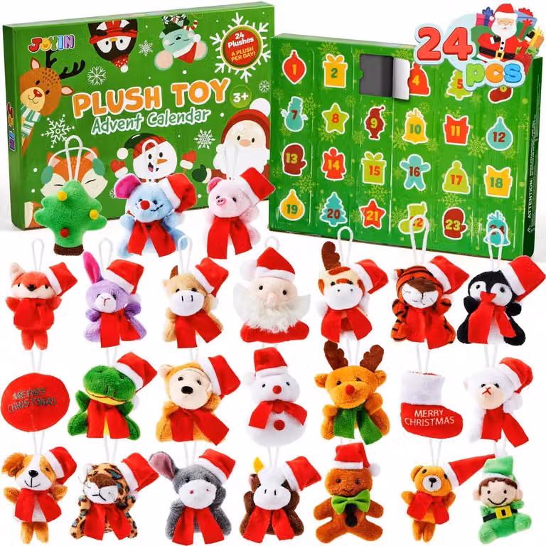 Calendario dell'Avvento in peluche, con 24 giorni di conto alla rovescia, cappellini di Natale e giocattoli per bambini