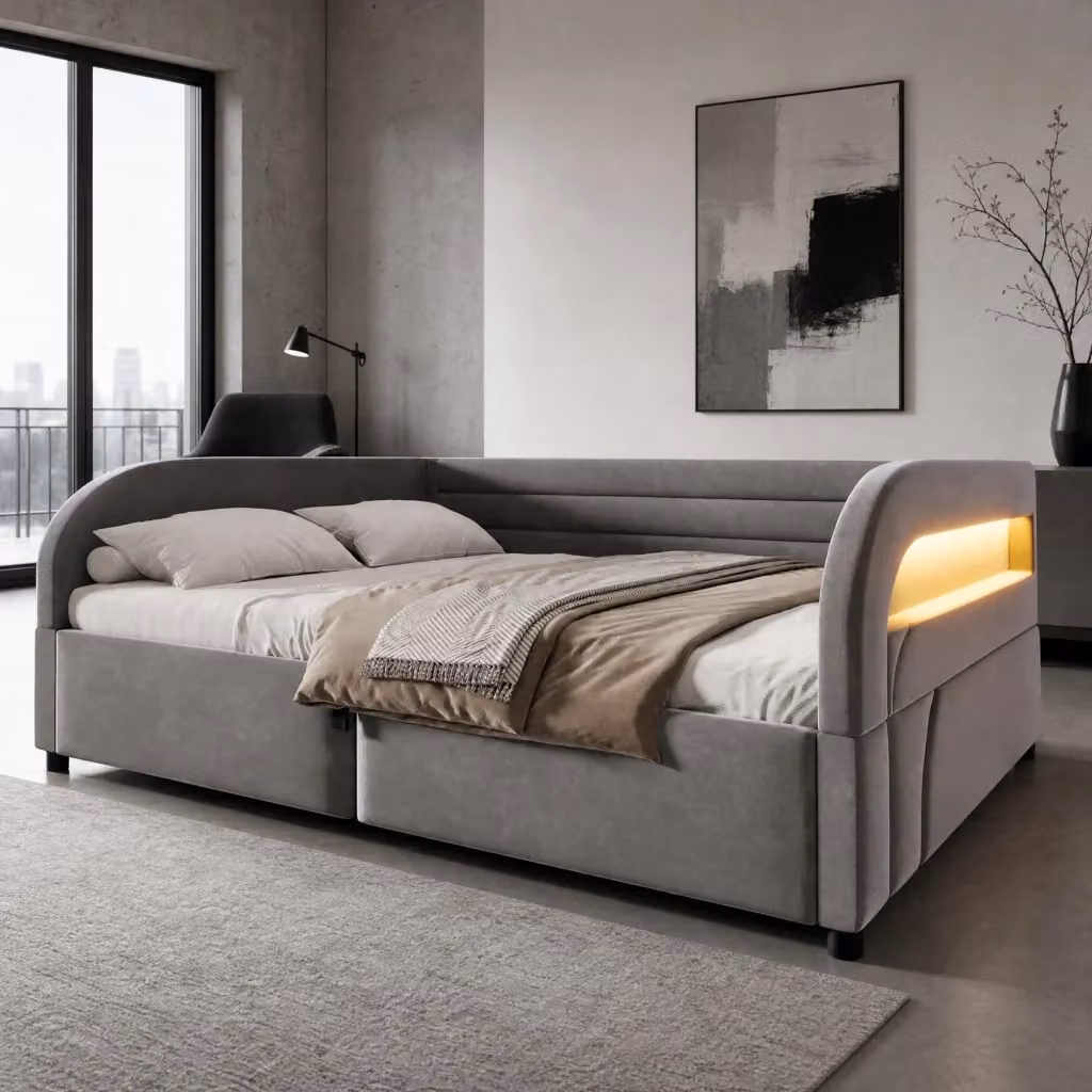 Letto imbottito moderno con contenitore idraulico e illuminazione LED RGB grigio L/P: 140 x 200 cm – 2