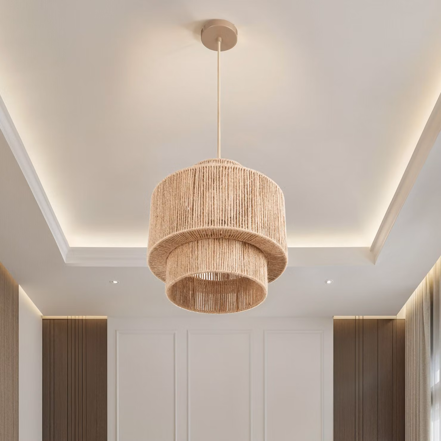 Lampada a sospensione Allegra tectake in iuta e rattan stile boho, colore beige – 3