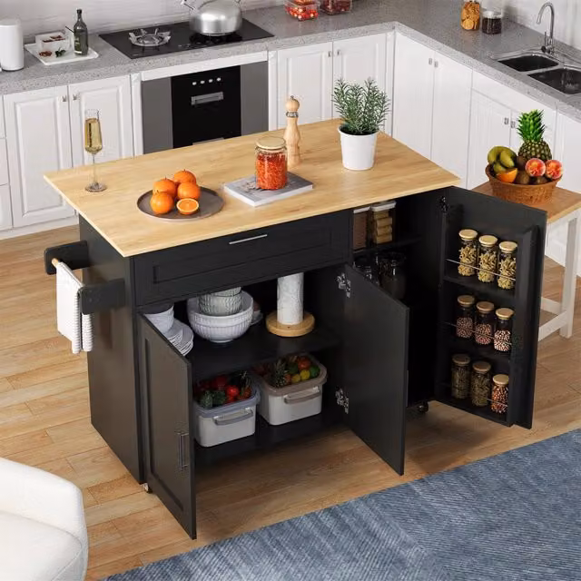 Carrello da cucina con piano pieghevole cassetto 2 ante ripiani regolabili e 5 ruote per cucina MDF nero naturale