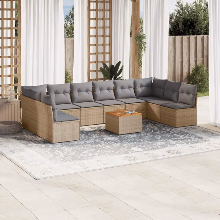 vidaXL Set Divano da Giardino 11 pz a Forma di L in Polyrattan con Cuscini Beige e Grigio e Tavolino da Caffè