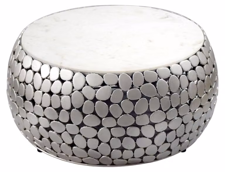 WOHNLING Tavolino da salotto rotondo 66 cm Alluminio argento e piano in marmo bianco - Tavolino da salotto in alluminio - Tavolino da salotto in metallo - Tavolino da salotto