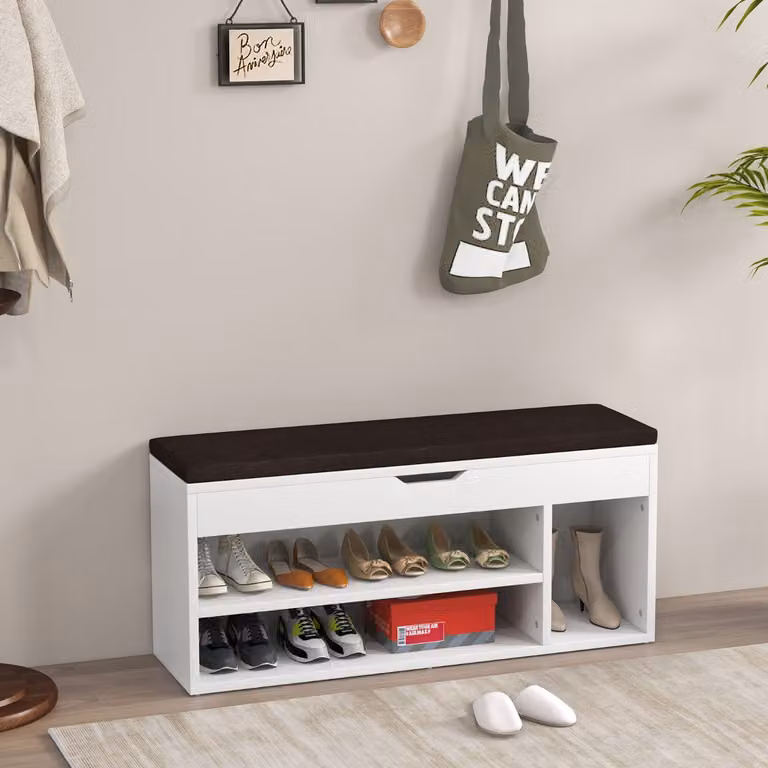 Costway Scarpiera in legno con cuscino morbido e cassetto due ripiani 104x30x48cm Bianco