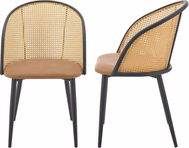 Set di 2 Sedie Gagnef en.casa in Similpelle Marrone con Schienale in Rattan e Struttura in Metallo Nero – 1