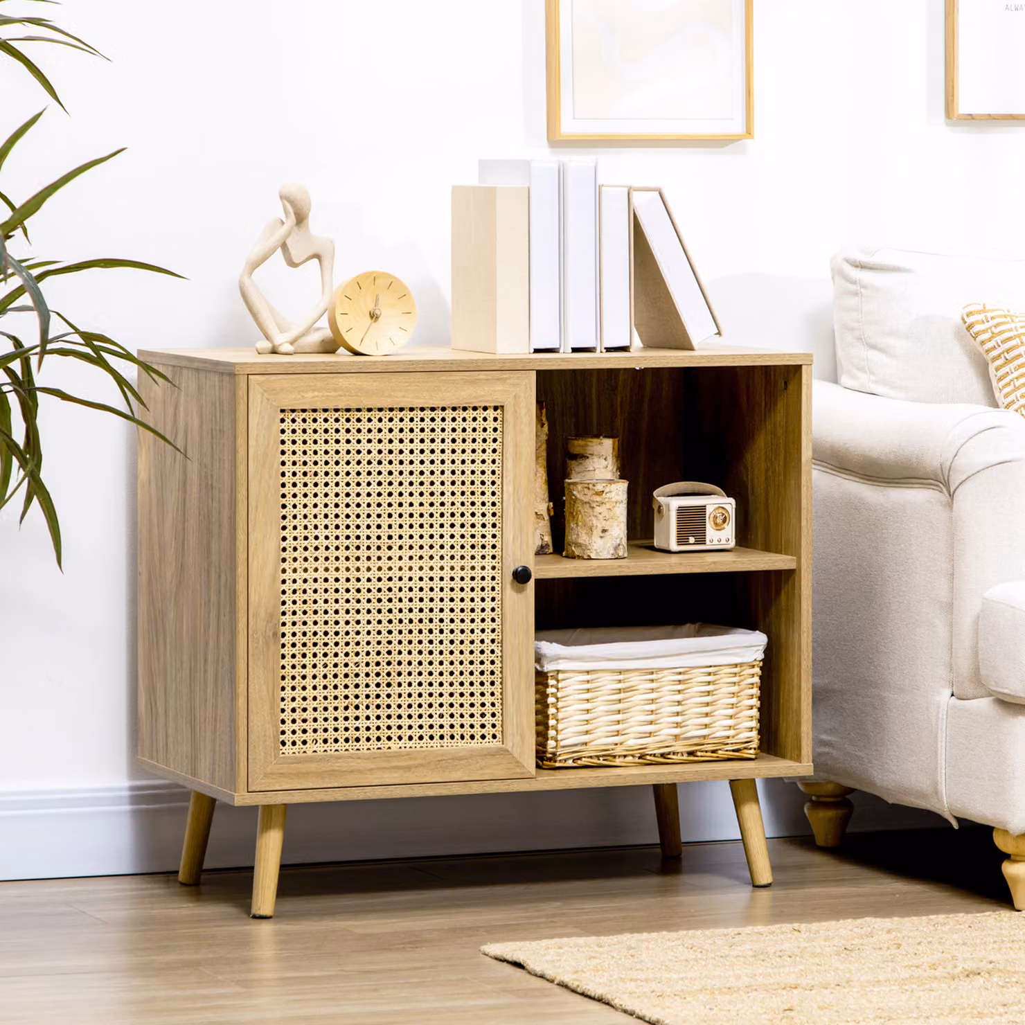 Credenza HOMCOM in rattan intrecciato e legno effetto mid-century, colore marrone, L 80 x P 39 x H 70 cm – 2