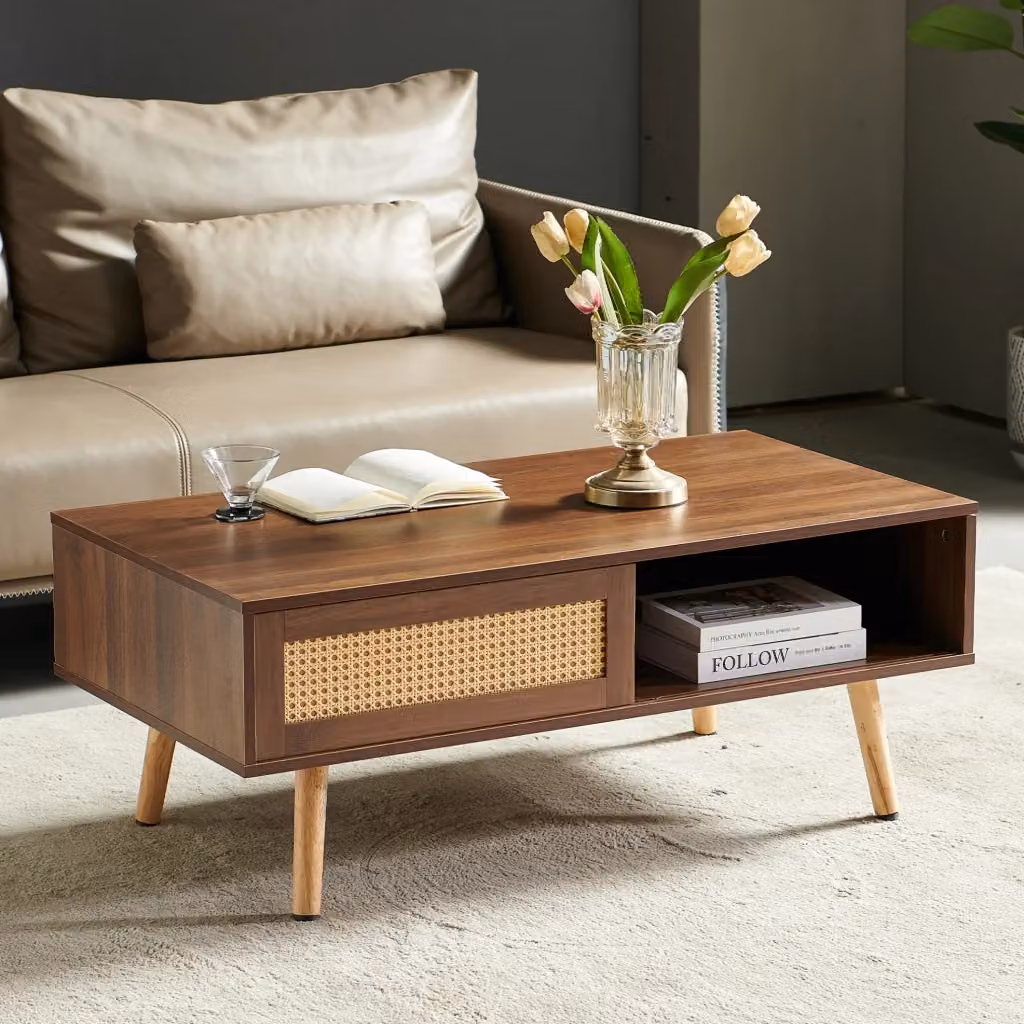Tavolino da caffè moderno MODFU in MDF e rattan marrone L: 105 cm, P: 55 cm, H: 40 cm – 2