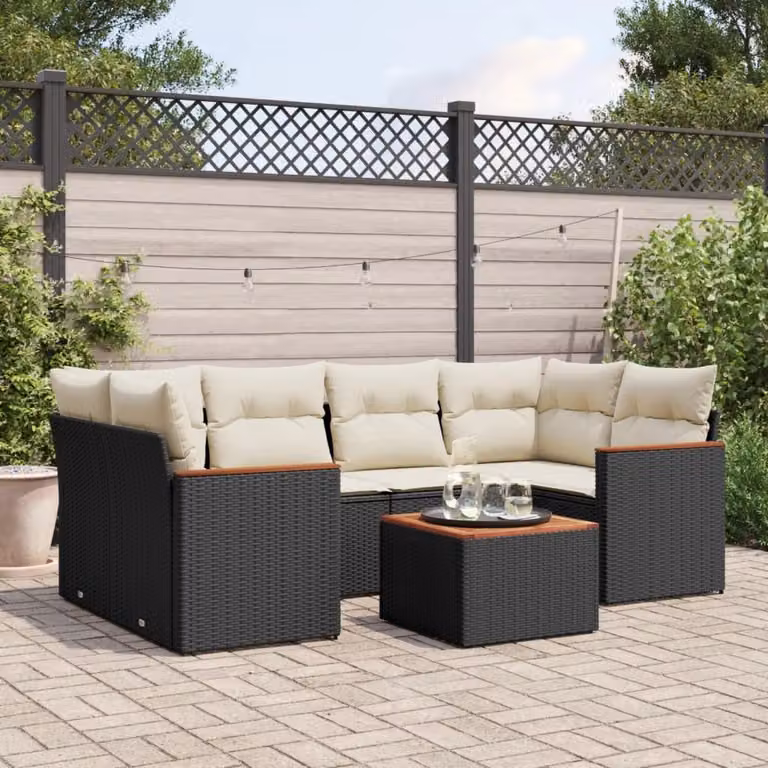 vidaXL Set Divani da Giardino a L con Cuscini 7pz in Polyrattan Nero e Bianco