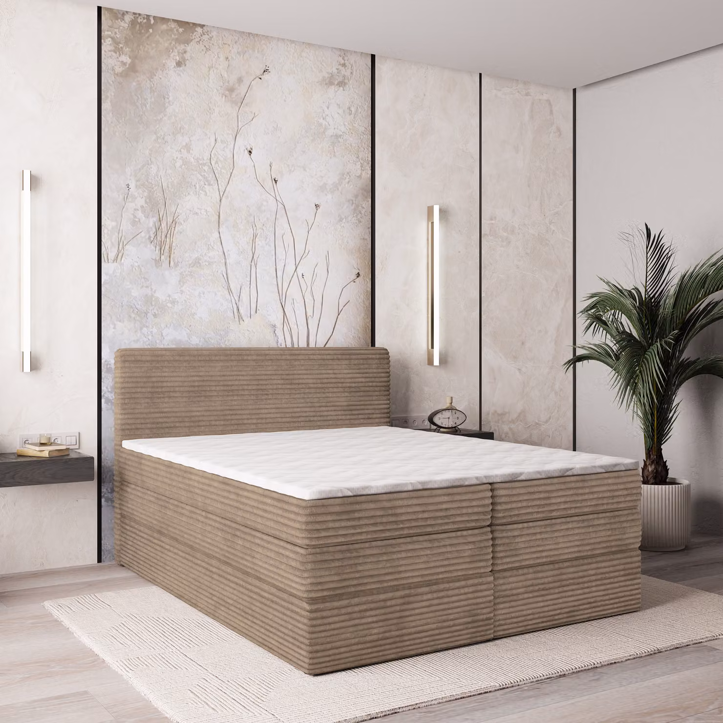 Letto a molle insacchettate Masseno LUNERA 160x200 cm completo di materasso e topper Bonell, letto imbottito con cassettiere -Beige, TILIA 17