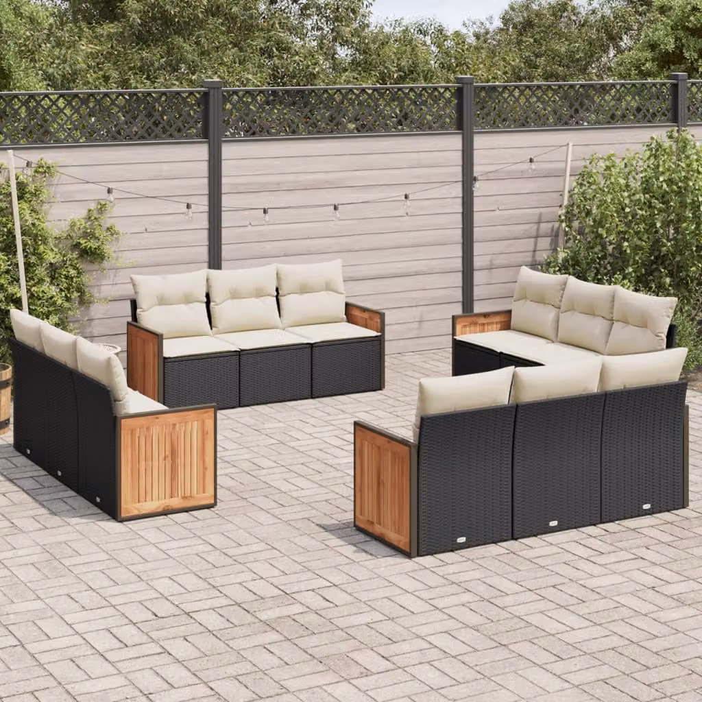 Set di Divani da Giardino vidaXL 12 Pezzi a Forma di U con Cuscini, Polyrattan e Acciaio, Nero e Bianco – 1