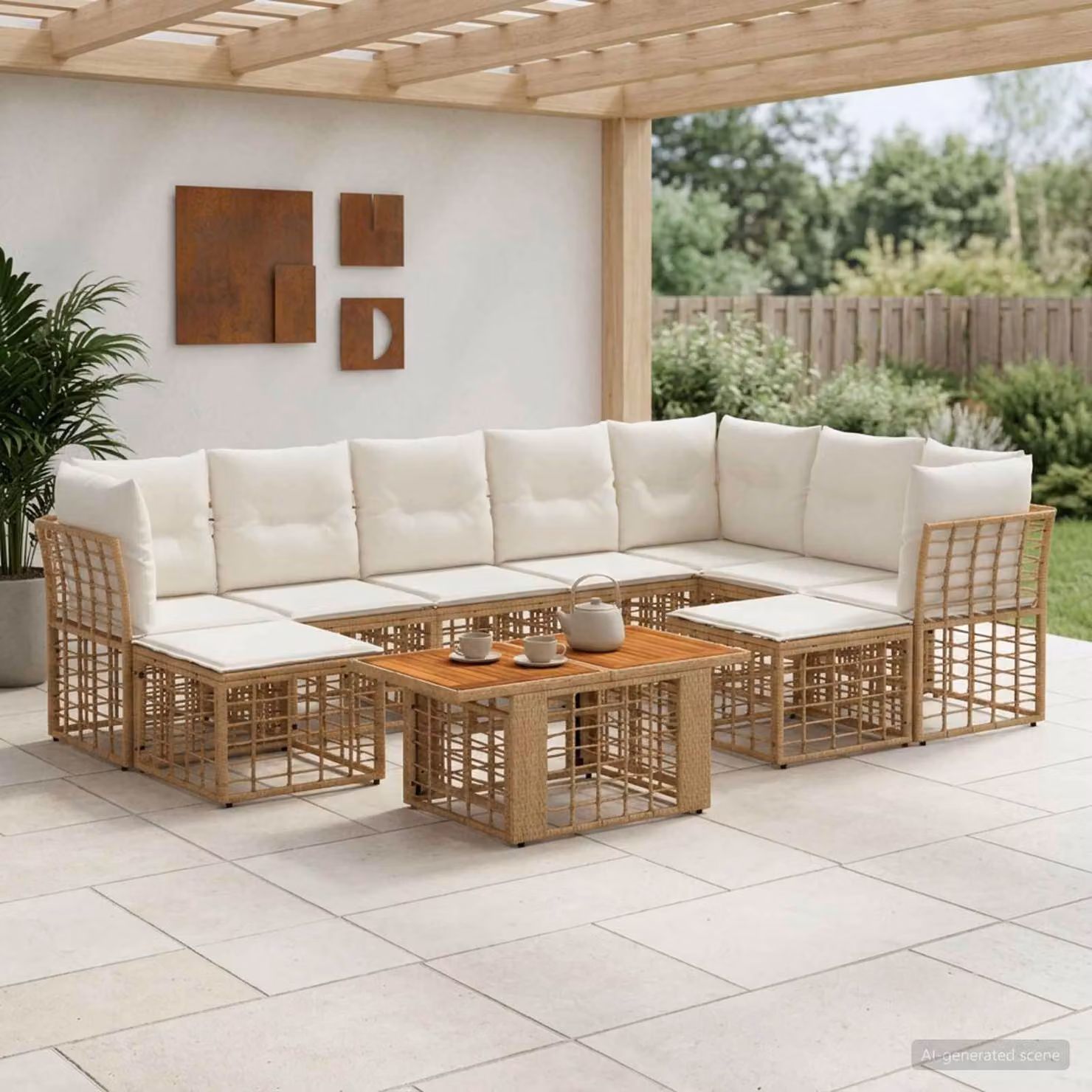Set Divano da Giardino vidaXL 10 Pezzi in Polyrattan con Cuscini e Tavolino, Colore Naturale e Bianco Crema