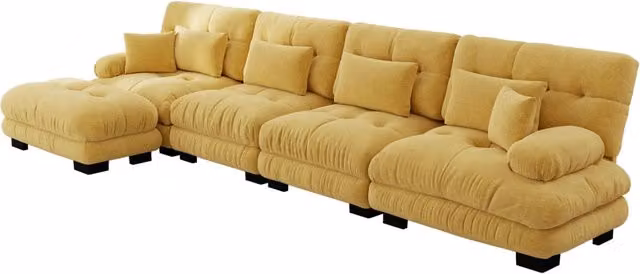 Divano modulare angolare a L 4 posti in tessuto Chenille vintage giallo con pouf mobile