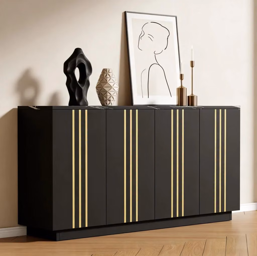 Credenza moderna a 4 ante con divisorio regolabile in MDF, colore nero e oro, L 140 x P 35 x H 70 cm – 2