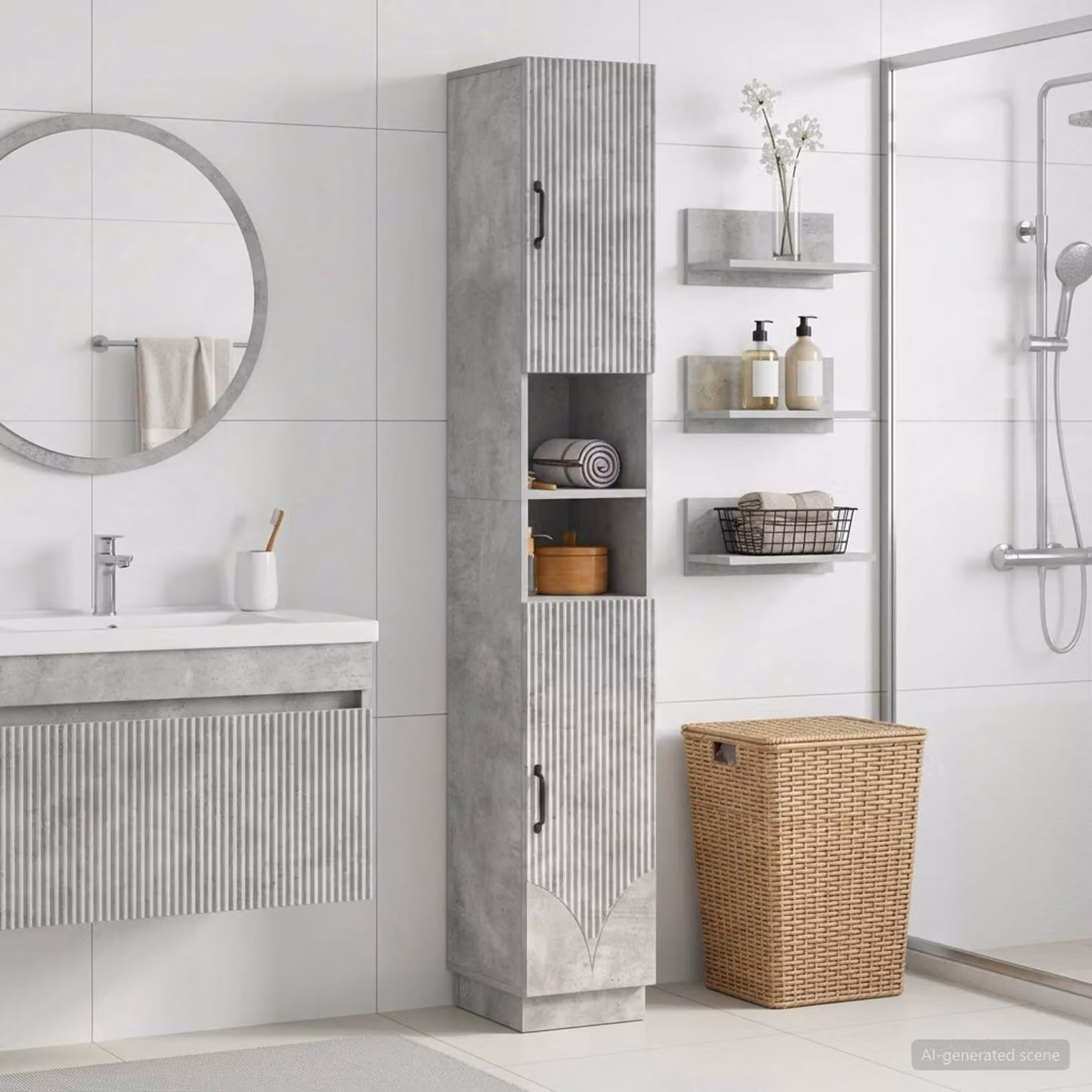 vidaXL Armadio da Bagno HOORN Moderno con Ante a Battente e Ripiano Aperto Grigio e Nero L/P/H: 60 x 30 x 187 cm
