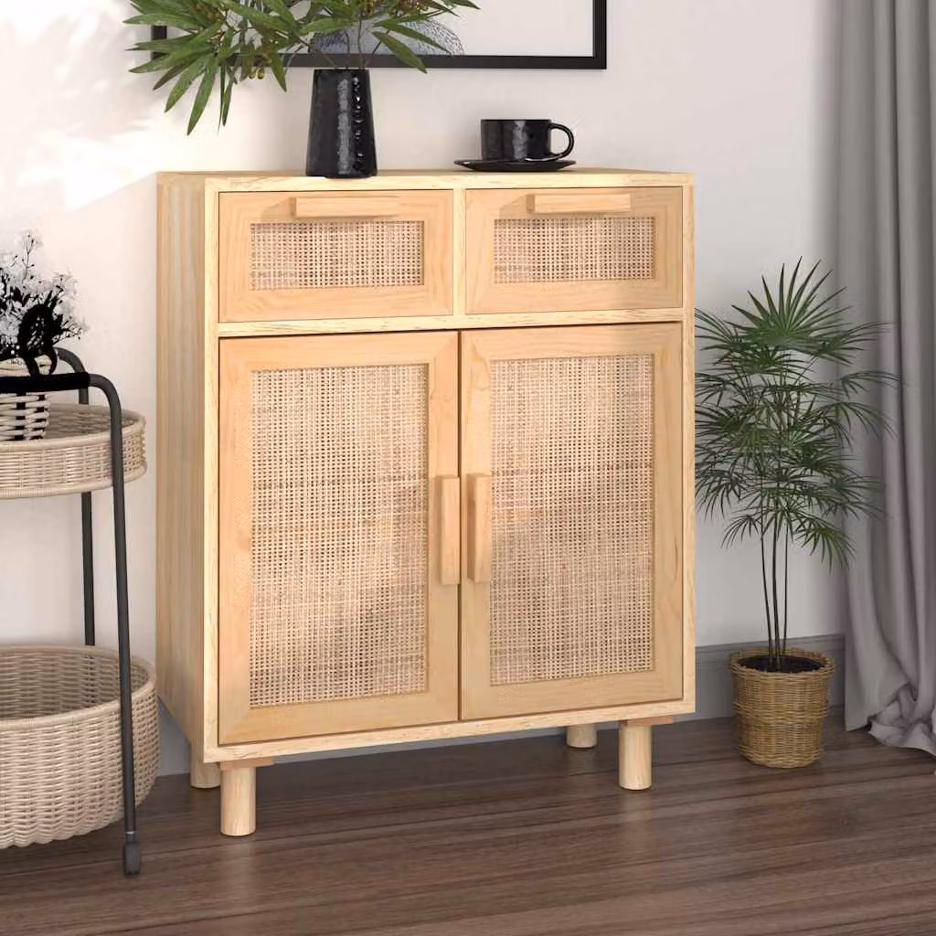 Credenza vidaXL in legno massello di pino e rattan naturale, colore marrone e beige, stile scandinavo, L 60 cm x P 30 cm x H 75 cm