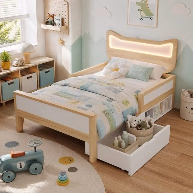 Letto per bambini 90x200 cm con testiera a forma di gatto con LED RGB; rete a doghe e contenitore; bianco e rovere